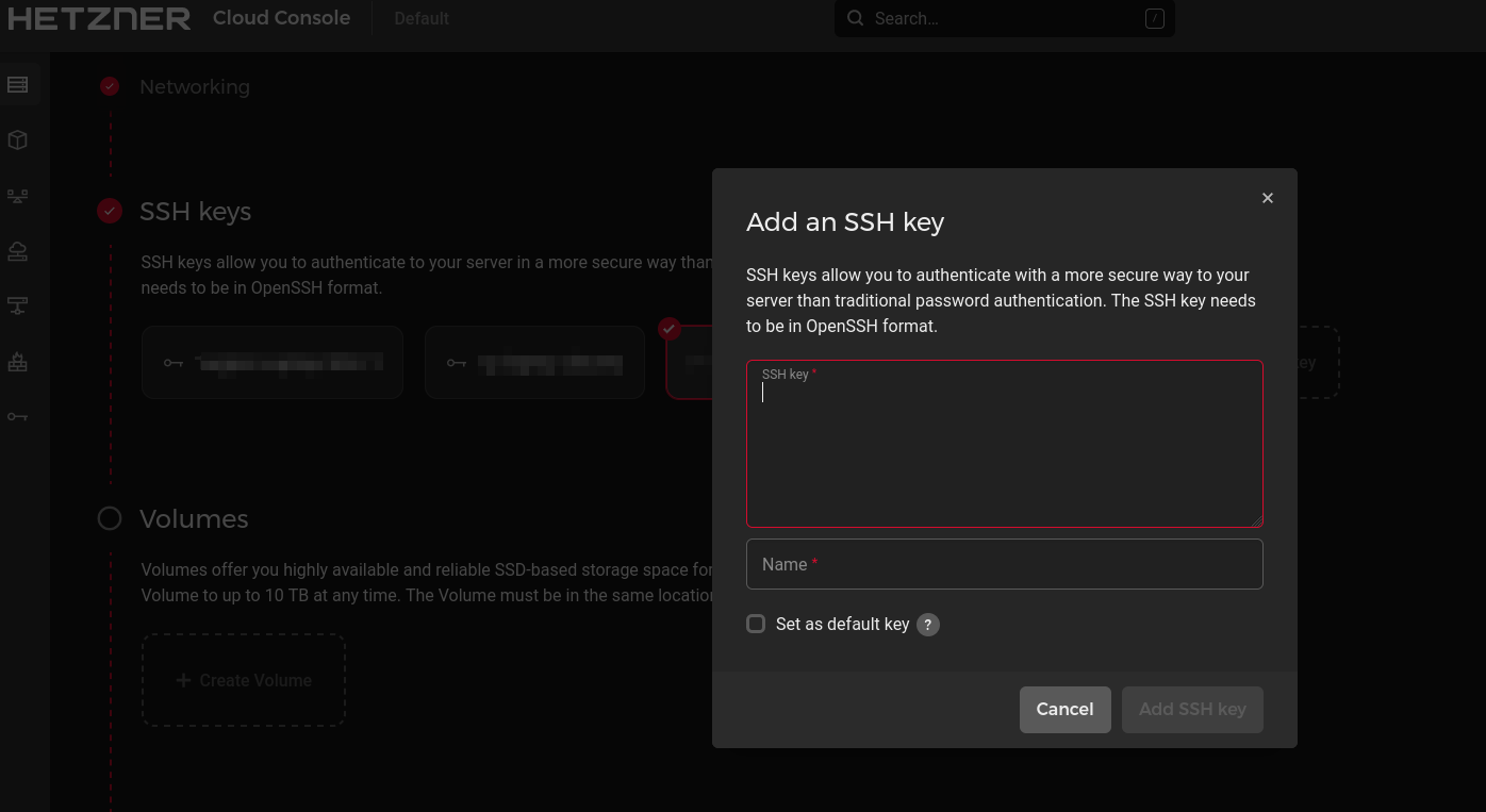 hetzner new ssh key popup